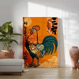 Japanese Rooster Wall Art, Oriental Folk Print, Vibrant Animal Poster, Symbolic Year Of Decor, Bold Orange Artwork, Asian Home Art - thumbnail 3