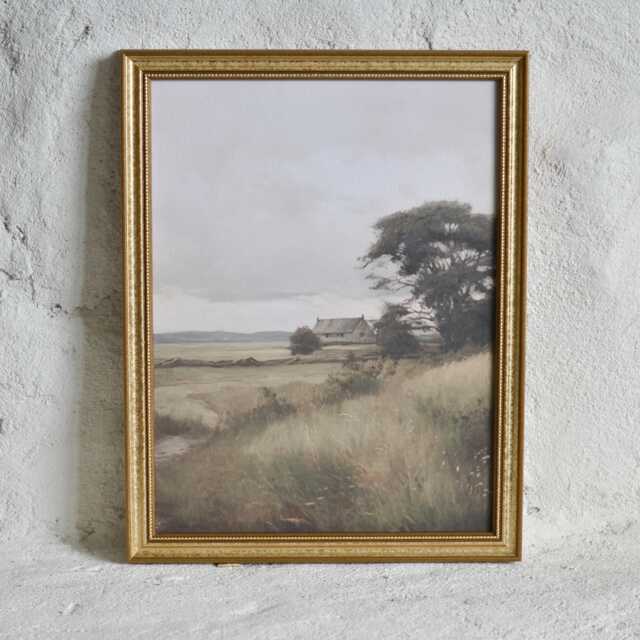 European Countryside Watercolor Print - Rustic Barn, Field Scene - image 1