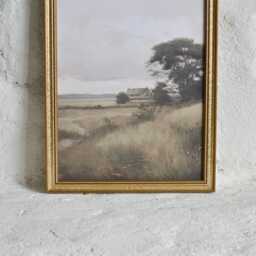 European Countryside Watercolor Print - Rustic Barn, Field Scene - thumbnail 3