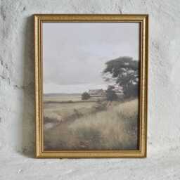 European Countryside Watercolor Print - Rustic Barn, Field Scene - thumbnail 1