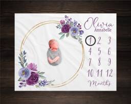 Purple Floral Milestone Blanket, Baby Month Girl Blanket Track Growth Keepsake Shower Gift