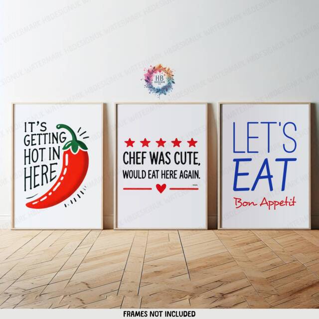 Kitchen Prints - Set Of 3 Wall Art - Let's Eat, Chef Was Cute, Hot in Here Quotes Red Dining Room Decor Home Posters Gallery - image 1