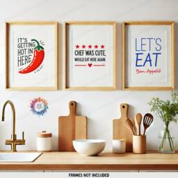 Kitchen Prints - Set Of 3 Wall Art - Let's Eat, Chef Was Cute, Hot in Here Quotes Red Dining Room Decor Home Posters Gallery - thumbnail 2