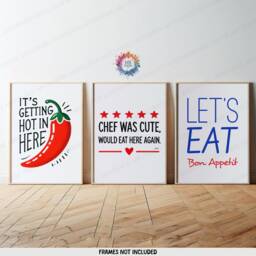 Kitchen Prints - Set Of 3 Wall Art - Let's Eat, Chef Was Cute, Hot in Here Quotes Red Dining Room Decor Home Posters Gallery - thumbnail 1