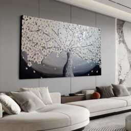 Silver Wall Art Deco Tree Abstract Oil Painting. Metallic Modern Artwork, Extra Large Painting On Canvas, House Decor - thumbnail 1