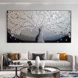 Silver Wall Art Deco Tree Abstract Oil Painting. Metallic Modern Artwork, Extra Large Painting On Canvas, House Decor - thumbnail 2