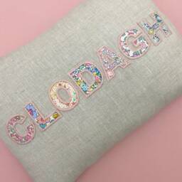 Personalised Embroidered Name Pillow Irish Linen & Liberty London Cushion - thumbnail 2