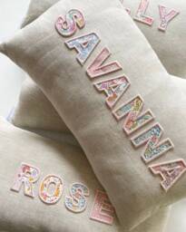 Personalised Embroidered Name Pillow Irish Linen & Liberty London Cushion - thumbnail 1