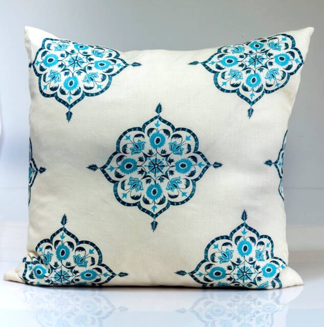 Blue Geometric Linen Pillow Cover, Quadrille Fabric Throw - image 1