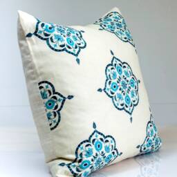 Blue Geometric Linen Pillow Cover, Quadrille Fabric Throw - thumbnail 3