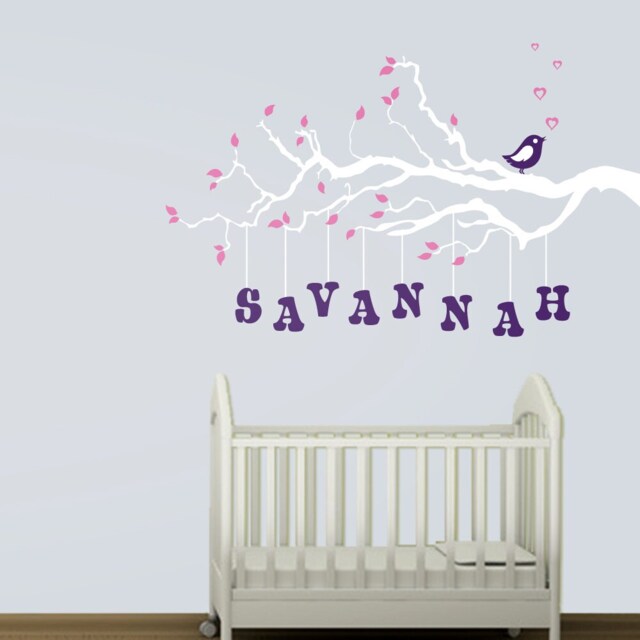 Custom Name Nursery Wall Decal Branch, Bird, & Hearts Vinyl Art - image 1