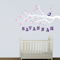 Custom Name Nursery Wall Decal Branch, Bird, & Hearts Vinyl Art - thumbnail 1