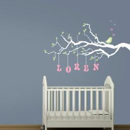 Custom Name Nursery Wall Decal Branch, Bird, & Hearts Vinyl Art - thumbnail 2