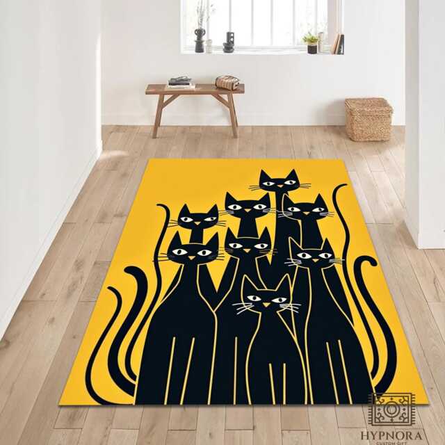 Black Cats Rug - Minimalist Modern Cat Tile Mat Yellow Decor Washable Carpet - image 1
