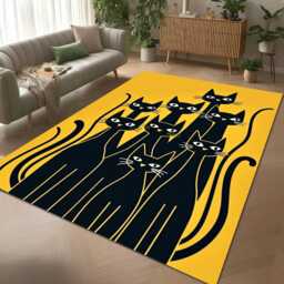 Black Cats Rug - Minimalist Modern Cat Tile Mat Yellow Decor Washable Carpet - thumbnail 2