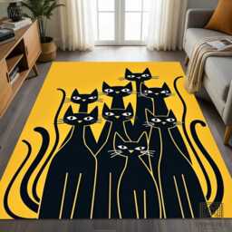 Black Cats Rug - Minimalist Modern Cat Tile Mat Yellow Decor Washable Carpet - thumbnail 3