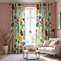 Colorful Botanical Curtains, Tropical Floral Print Drapes, Multicolor Jungle Leaf & Flower Pattern Window Panels - thumbnail 3