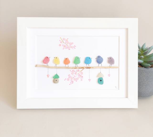 Rainbow Seaglass Birds On Branch, Sea Glass Colorful Birds, Bird Family, Art For Living Room, Side Table, Fireplace - image 1