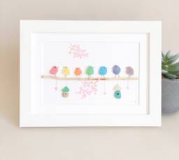 Rainbow Seaglass Birds On Branch, Sea Glass Colorful Birds, Bird Family, Art For Living Room, Side Table, Fireplace - thumbnail 1