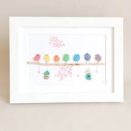 Rainbow Seaglass Birds On Branch, Sea Glass Colorful Birds, Bird Family, Art For Living Room, Side Table, Fireplace - thumbnail 2