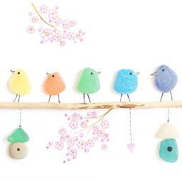 Rainbow Seaglass Birds On Branch, Sea Glass Colorful Birds, Bird Family, Art For Living Room, Side Table, Fireplace - thumbnail 3