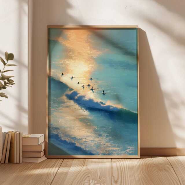 Surfing Poster, Retro Surf Print, Beachy Wall Art, Blue Summer Ocean Dopamine Decor, Beach Painting Coastal Decor - image 1