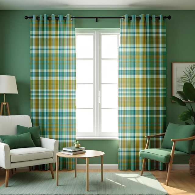 Green Plaid Curtains, Modern Check Window Drapes, Cozy Farmhouse Style Panels For Living Room, Kitchen Or Bedroom - image 1