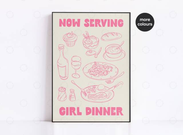 Girl Dinner Print, Aesthetic Kitchen Wall Art Decor Cute Cooking Guest Check Print Trendy, Apartment Decor, Retro Food - image 1