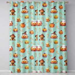 Cute Kawaii Halloween Pumpkin Candy Scarecrow Seamless Pattern Teal Background Readymade Eyelet Ring Top Thermal 100% Blackout Curtains - thumbnail 2