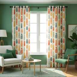 Retro Multicolor Leaf Curtains, Modern Scandinavian Style Drapes in Orange, Blue & Mustard, Custom Made Window Panels - thumbnail 3
