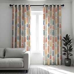Retro Multicolor Leaf Curtains, Modern Scandinavian Style Drapes in Orange, Blue & Mustard, Custom Made Window Panels - thumbnail 2