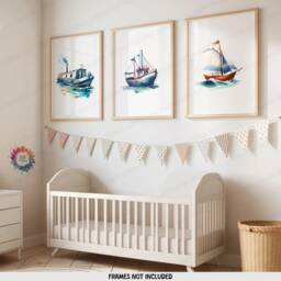 Boat Nursery Prints - Set Of 3 Watercolour Posters - Boys Bedroom Artwork Girls Decor Nautical Boats Wall Art Sail - thumbnail 1