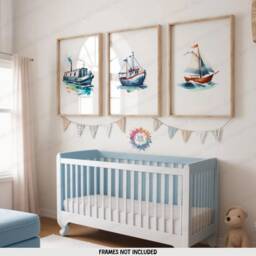 Boat Nursery Prints - Set Of 3 Watercolour Posters - Boys Bedroom Artwork Girls Decor Nautical Boats Wall Art Sail - thumbnail 2