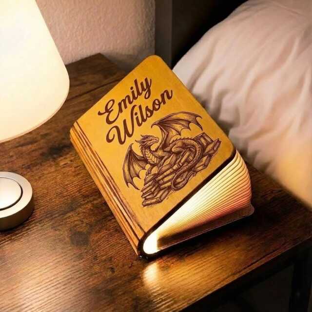 Personalized Fantasy Dragon Book Lamp, Custom Lovers Wood Folding Gift, Decor - image 1