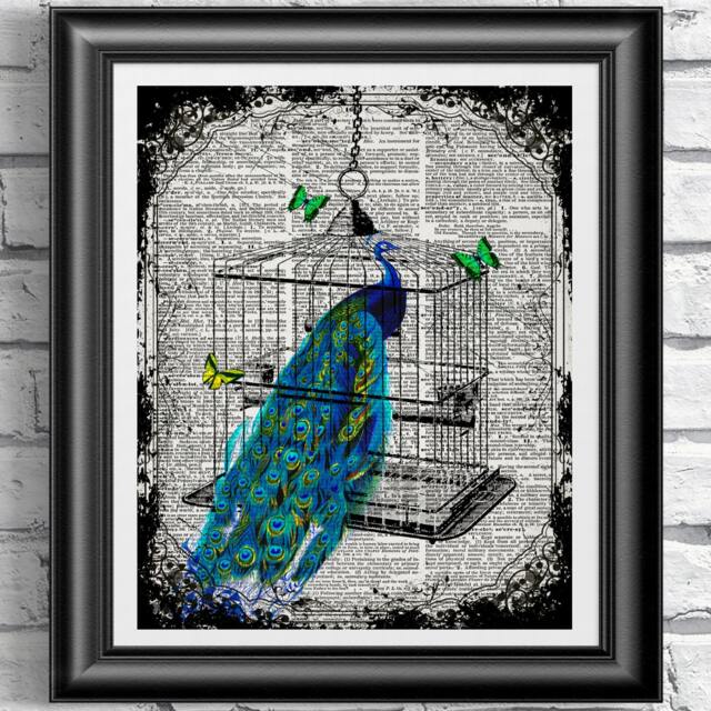 Peacock Bird Cage Print On Antique Dictionary Page, & Butteflies Old Book Page Print. Wall Decor, Art Dictionary - image 1