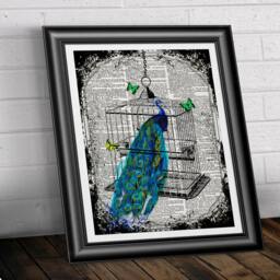 Peacock Bird Cage Print On Antique Dictionary Page, & Butteflies Old Book Page Print. Wall Decor, Art Dictionary - thumbnail 2