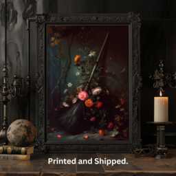 Witches Broom Floral Art Print, Moody Dark Academia Poster - thumbnail 1