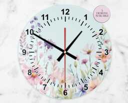 Glass Watercolour Wildflower Clock - Floral House D??cor Flower Wall Art Home Gift - thumbnail 1