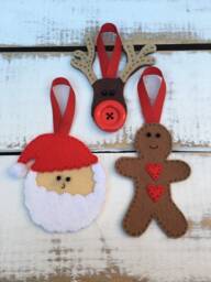 Set Of 3 Christmas Decorations, Traditional Stitched Felt Tree Ornaments, Santa Claus, Rudolph & Gingerbread Man - thumbnail 1