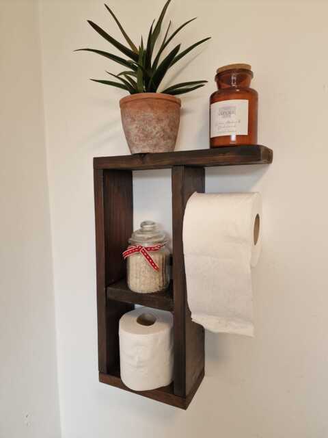 Toilet Roll Holder With Shelf - Rustic Bathroom Decor - Handmade Reclaimed Wood - image 1