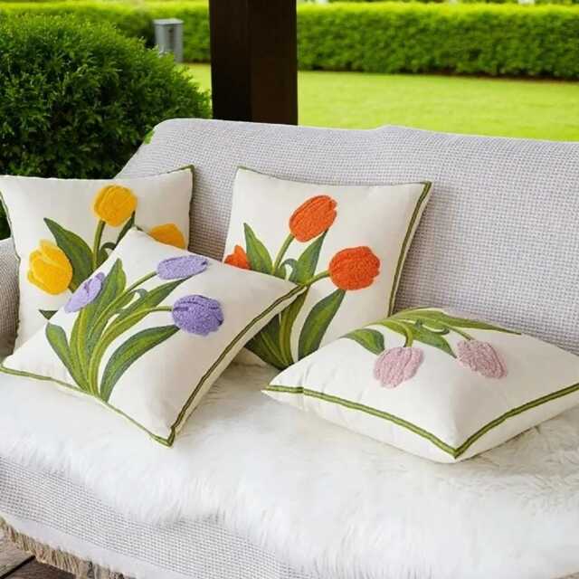 Embroidered Tulip Pillow Cover Floral Botanical Cushion, 45x45cm - image 1