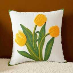 Embroidered Tulip Pillow Cover Floral Botanical Cushion, 45x45cm - thumbnail 3