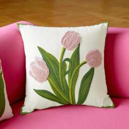 Embroidered Tulip Pillow Cover Floral Botanical Cushion, 45x45cm - thumbnail 2