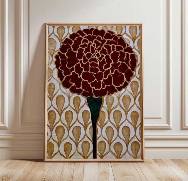 Burgundy Marigold Poster, Vintage Botanical Paper Wall Art - image 1
