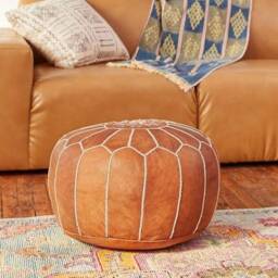 Pouf Moroccan Leather Pouf, Round Berber Tan Luxury Pouf, Ottoman - thumbnail 2