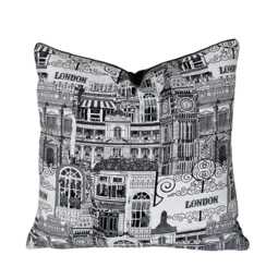 London Cushion Cover - Black & White City Landmarks, Big Ben, Victorian Houses Home Decor - thumbnail 1