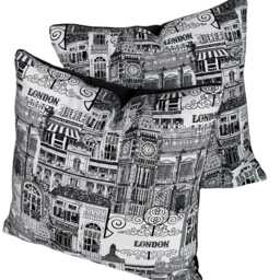 London Cushion Cover - Black & White City Landmarks, Big Ben, Victorian Houses Home Decor - thumbnail 2