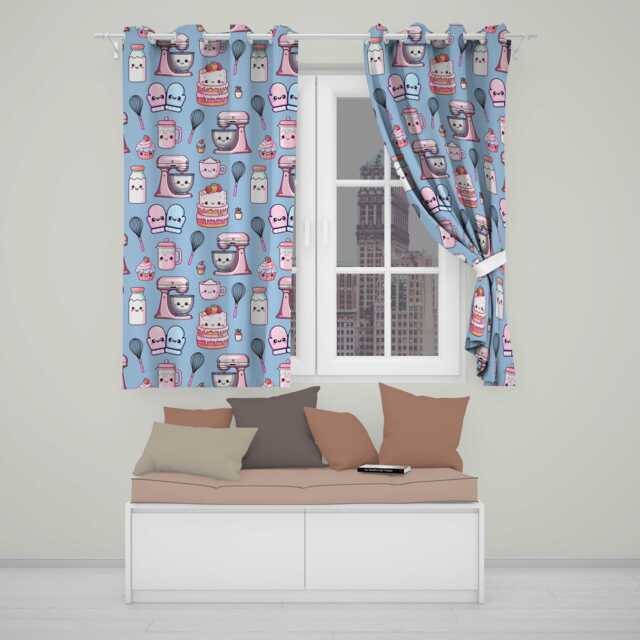 Kawaii Baking Mixer Cake & Cupcake Tools On Blue Seamless Pattern Readymade Eyelet Ring Top Thermal 100% Blackout Curtains - image 1