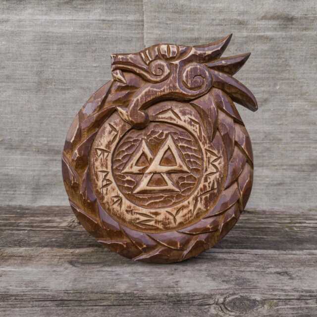 Viking Wood Carving Valknut Sign, Ouroboros Dragon Wall Art, Norse Mythology Decor, Pagan Ornament, Celtic Knot Sculpture, Asatru Gift - image 1