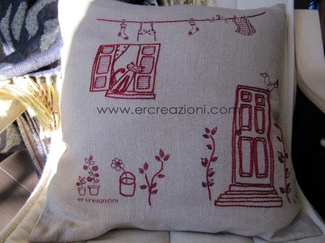 Pillow in Ecru Linen, Embroidered By Hand - image 1